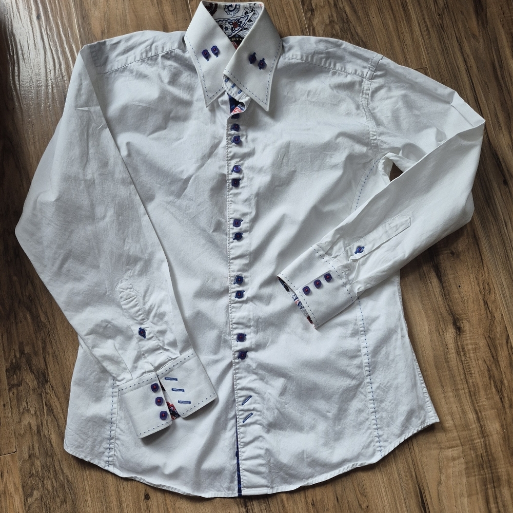 Elegant White Dress Shirt with Blue Details